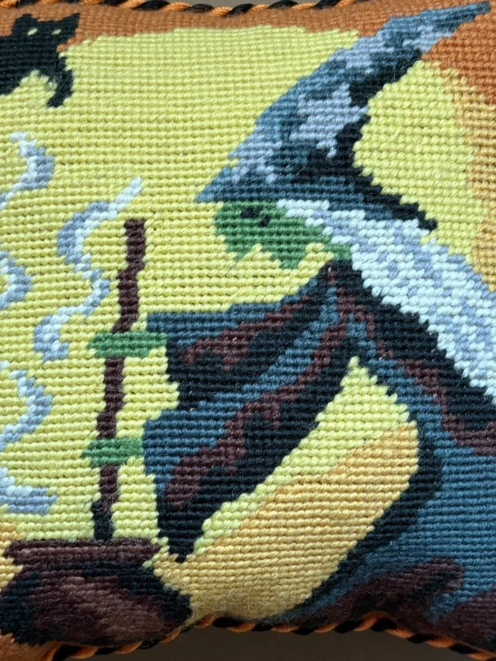 Needlepoint Tapestry Witch Cat Cauldron Pillow Velvet Halloween 9 x 9 Inch Decor